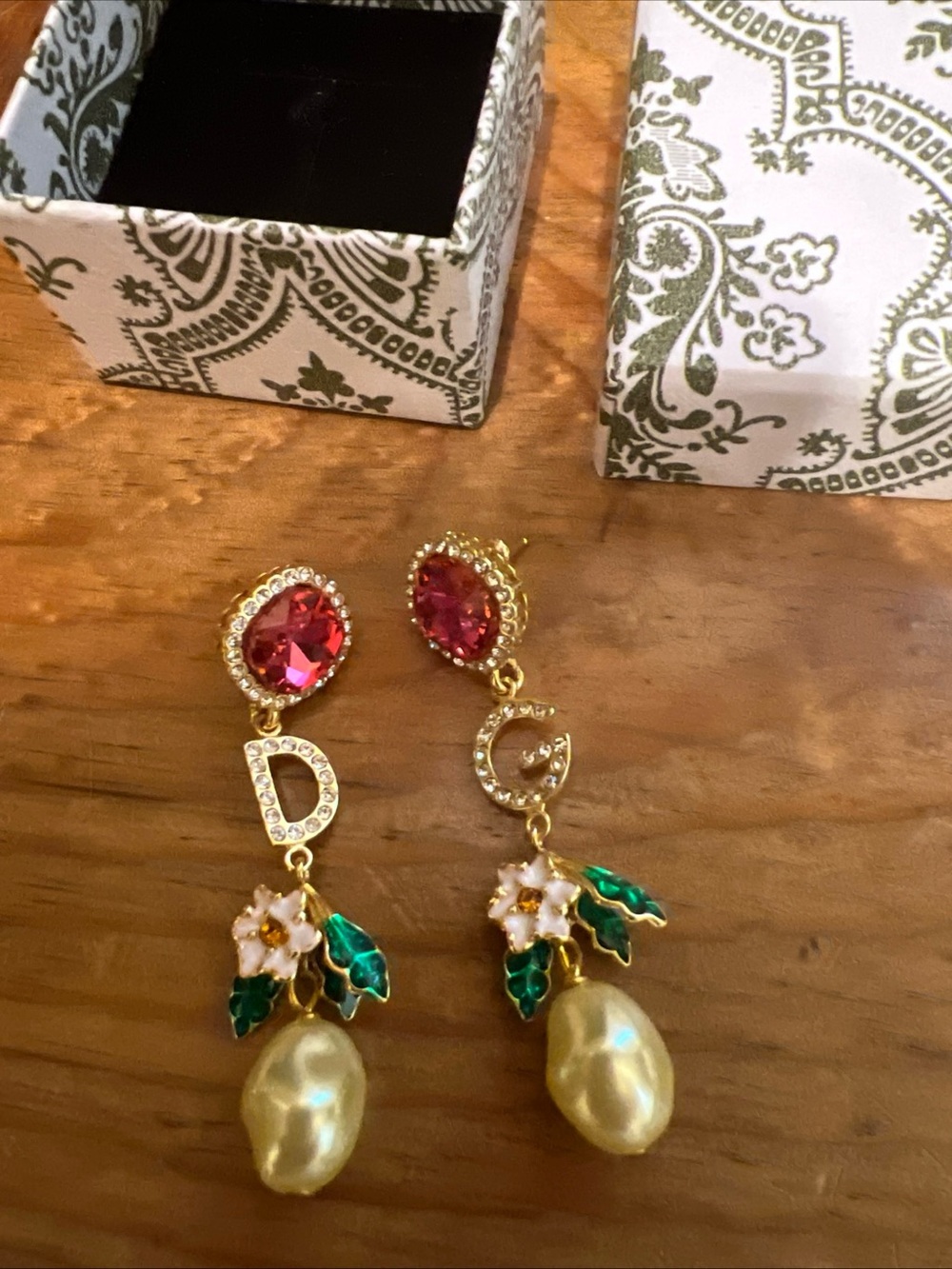 Dolce & Gabbana Gold Pearl Drop Earrings with Pink Crystals and Green Enamel